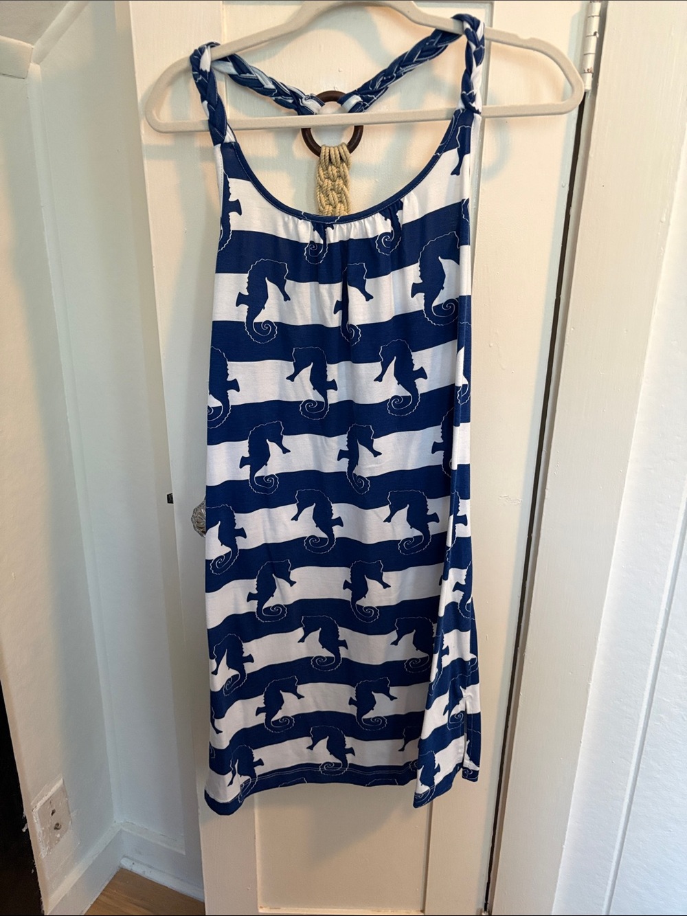 Nautical Striped Seahorse Sleeveless Dress - Blue & White